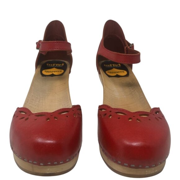 Rare Swedish Hasbeens Red Laser Cut Leather Platform Heeled Clog Sandals 9 Boho - Picture 3 of 14